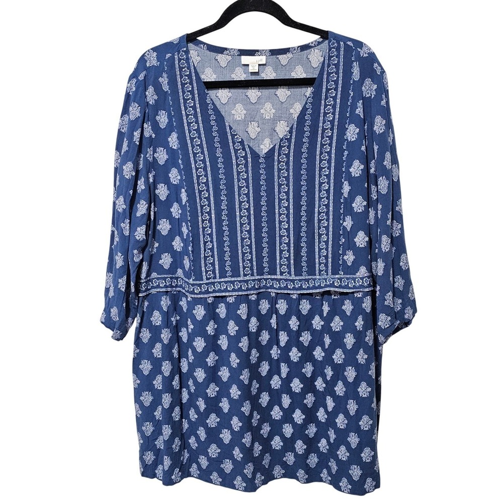 J. Jill Blue Floral Damask Tunic Top 2X 3/4 Sleeve V-Neck Boho Casual Relaxed
